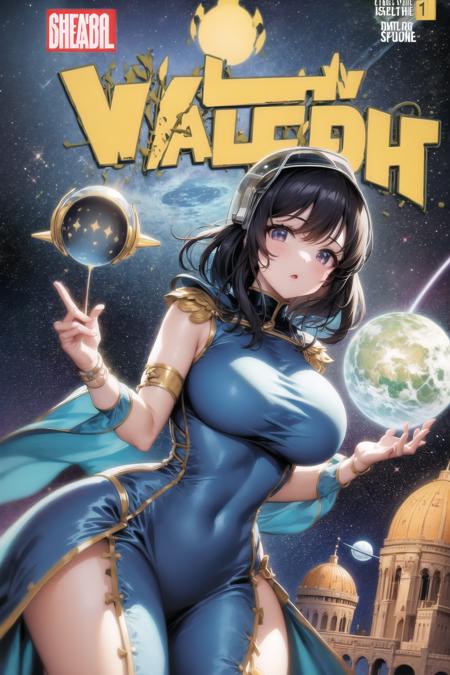 23047-1834804537-comic cover, 1girl, large breasts, wide hips, dress, castle, space helmet, space, planet,.png